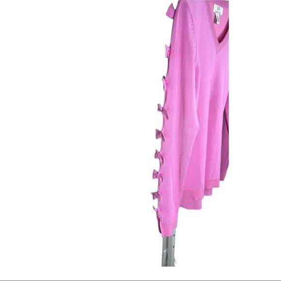 MAGASCHONI Womens Sz S Pink Sweater Cut Out Bows on Sleeves Vee Neck - Picture 3 of 6